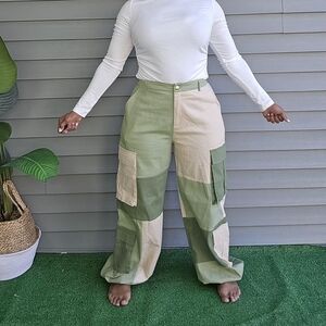 Fashion Nova Hot & Delicious Green and Tan Patchwork Colorblock  Joggers SZ LG